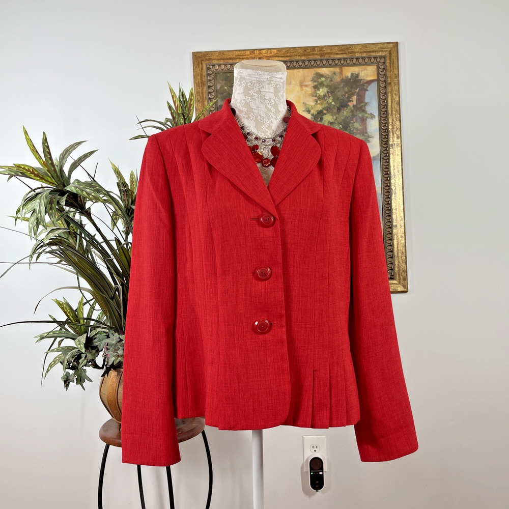 Le Suit Womens 14 Red Textured Blazer Jacket 3 Button Pleated Career Formal